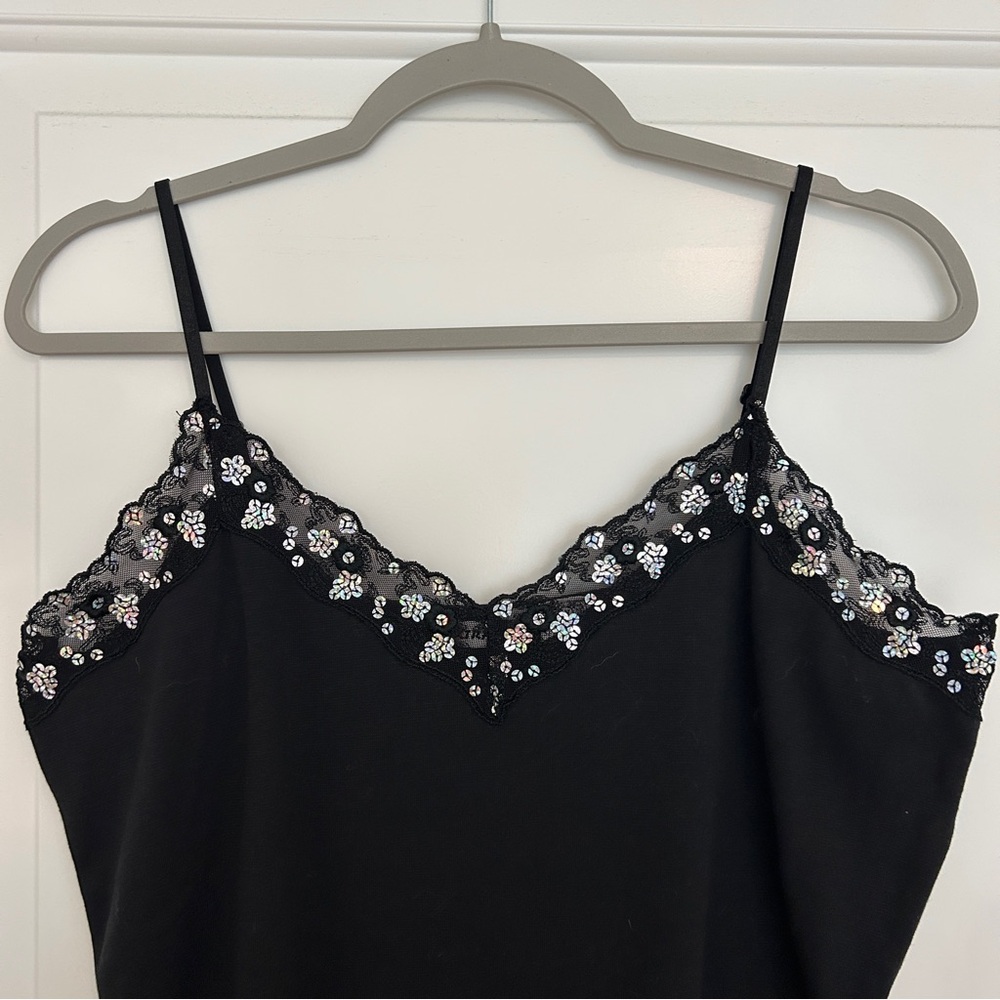 Y2K Black Sequin and Lace Trim Cami Top, Size 1X - Picture 2 of 7